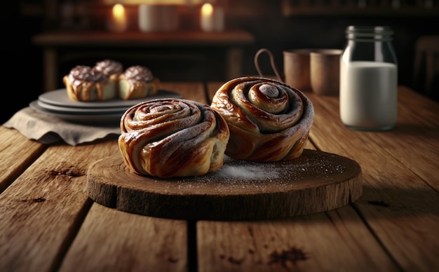 A cinnamon roll on a wooden cutting board with a cup of coffee. ai generated