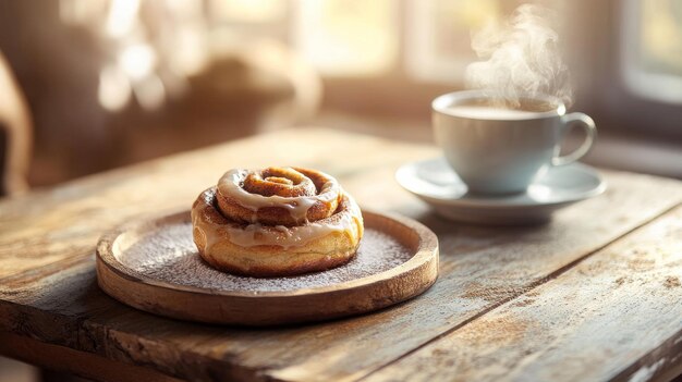 Photo cinnamon roll on wooden table with steaming coffee cozy breakfast scene comfort and warmth concept