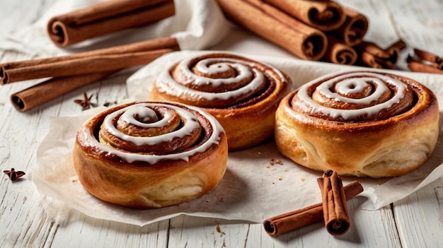 Photo cinnamon rolls on baking paper table