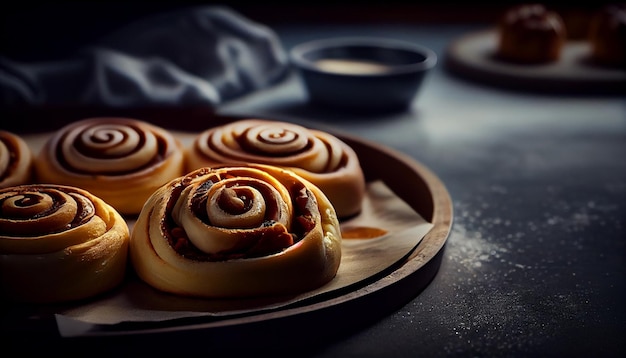 Cinnamon rolls on a black background Selective focusgenerative ai