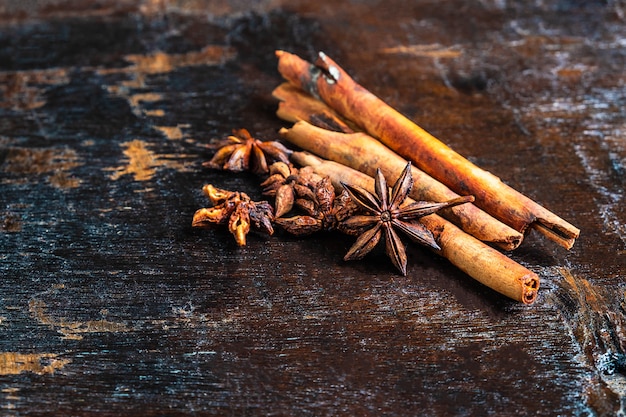 Cinnamon spices and star anise used in cooking