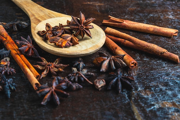 Cinnamon spices and star anise used in cooking