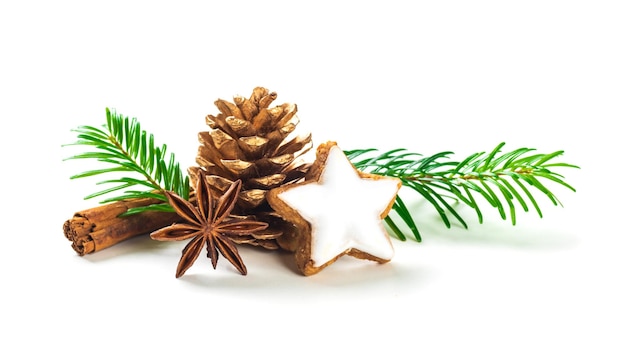 Cinnamon star shaped cookies with frosting,anis and fir cone isolated on white background