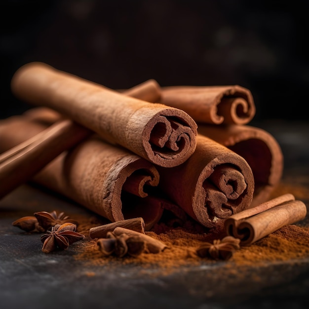 Cinnamon sticks are stacked on a table with one that has anise star on it.