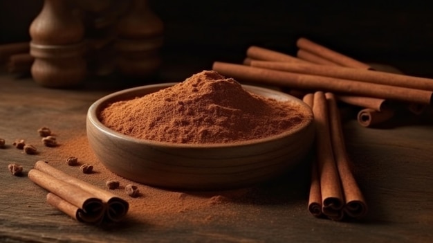 Cinnamon sticks and cinnamon powder on wood