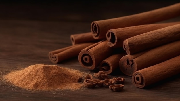 Cinnamon sticks and cinnamon powder on wood