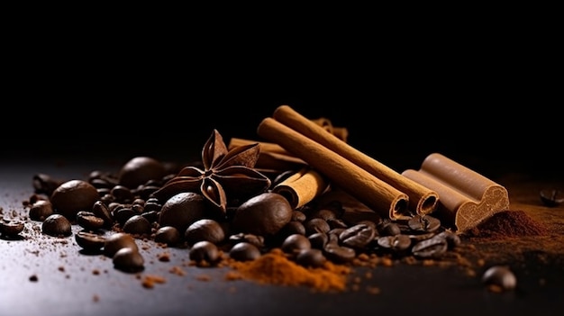 Cinnamon sticks and coffee beans on a dark background