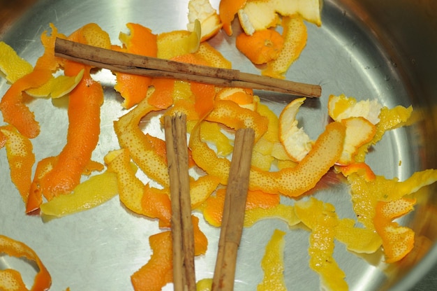 Cinnamon sticks and dried orange peel