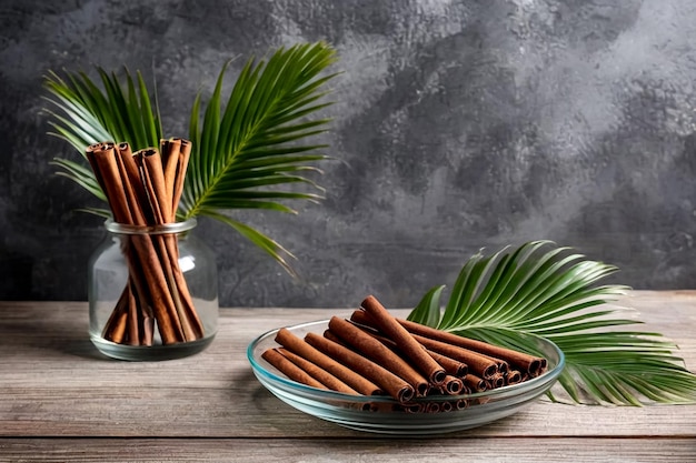 Cinnamon sticks in glass plate with palm leaf on wood board at grey textured wall rustic style Still