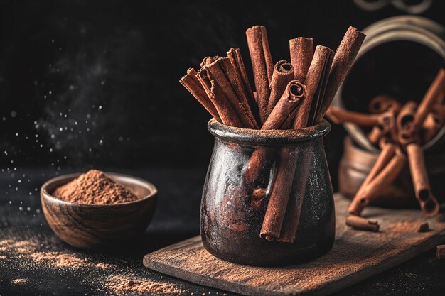 Photo cinnamon sticks in a jar with a black background