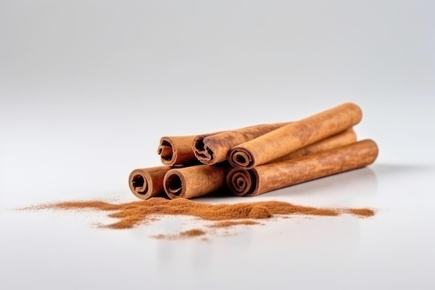 Cinnamon sticks levitate on a white background generative ai