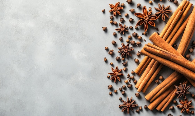 Photo cinnamon sticks and star anise on a grey background