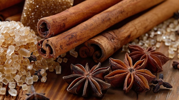 Cinnamon Sticks Star Anise and Sugar on Wooden Surface