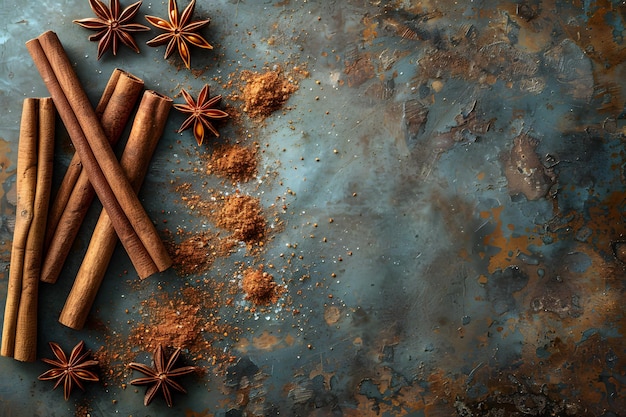 Photo cinnamon sticks and star anise with ground spices on rustic background food and beverage design for print card poster