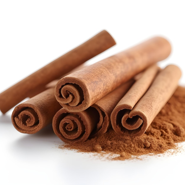 Cinnamon sticks on a white background with the word cinnamon on the top