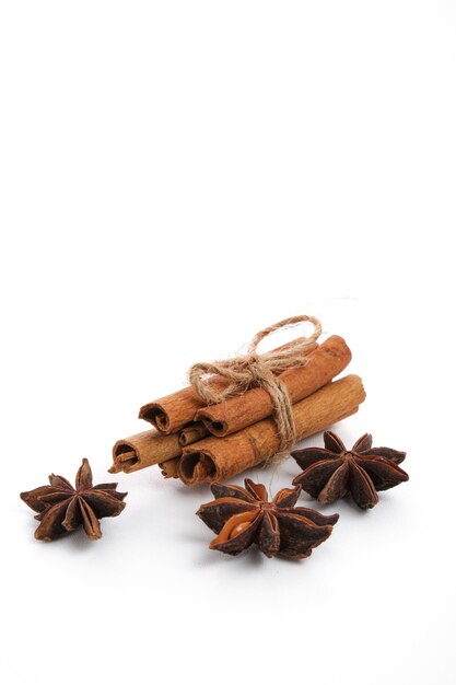 A cinnamon sticks with star anise isolated on white background