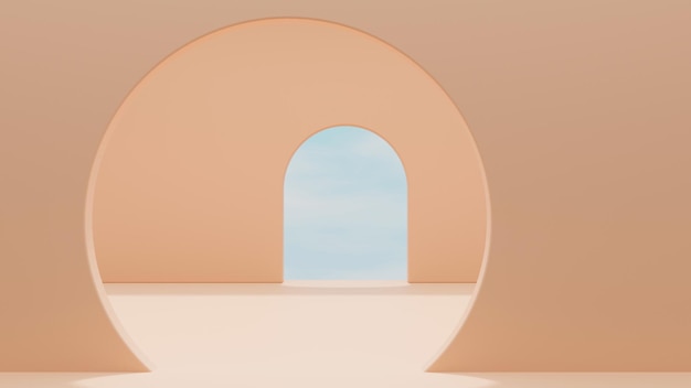 Circle and arch door in orange pastel background product presentation scene 3d render