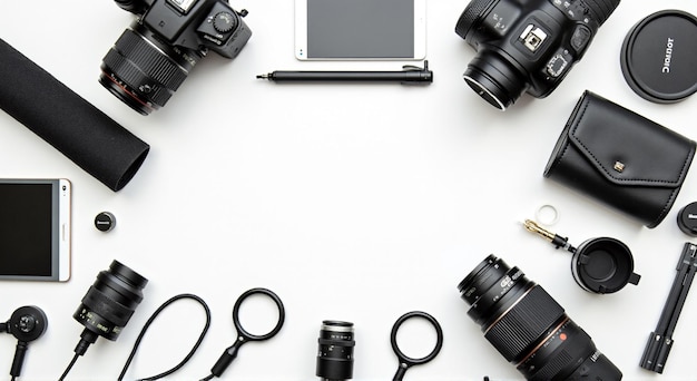 a circle of black and white cameras and a white background with a white background