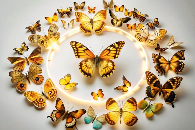 a circle of butterflies with a circle of light around it