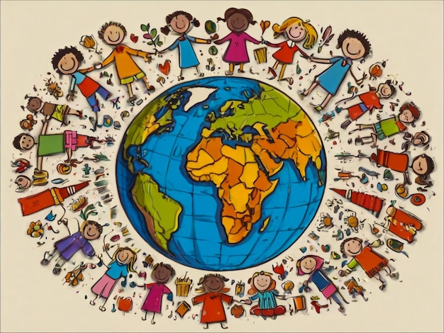 a circle of children holding hands around the world