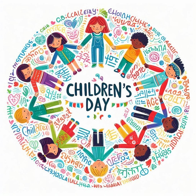 a circle of childrens day written in colorful letters