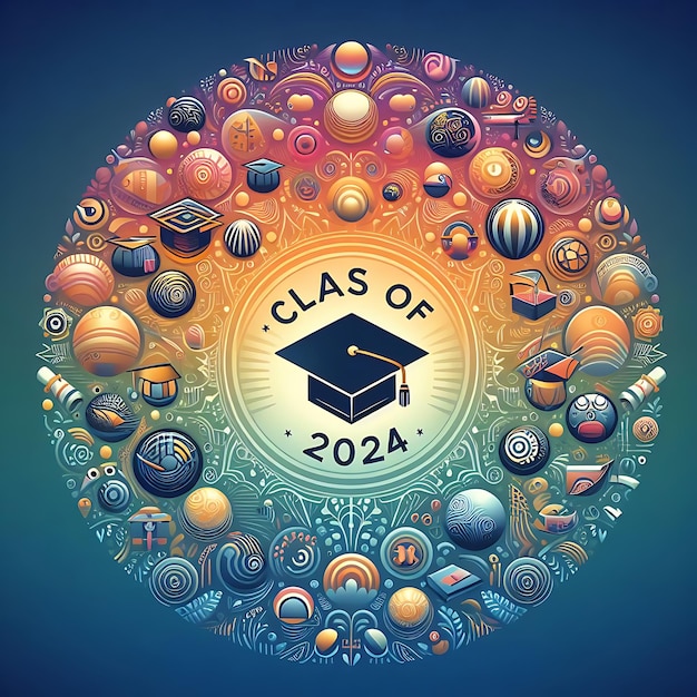 a circle of class of university of 2005 is surrounded by colorful balls