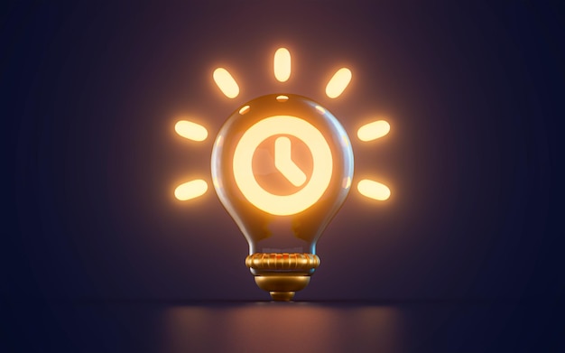 circle clock icon glowing inside lightbulb on dark background 3d render concept