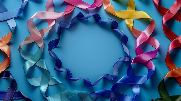 A circle of colorful cancer awareness ribbons on blue background