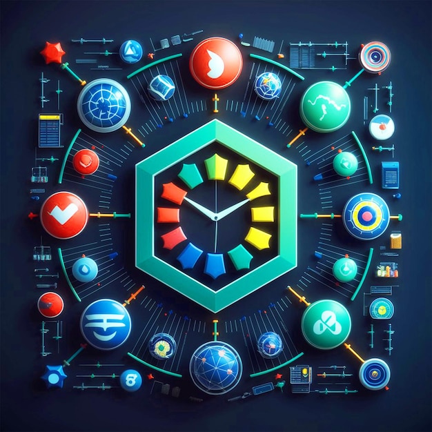 a circle of different colored buttons with the time of 9 15