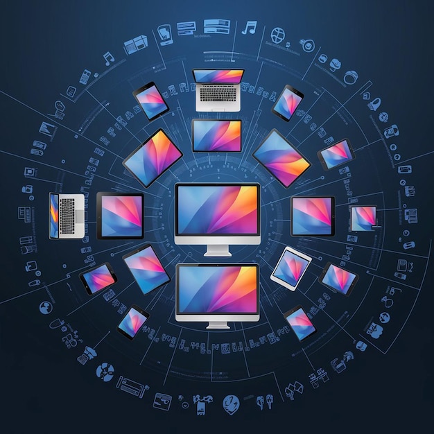 a circle of different colored computer screens with different colors and shapes