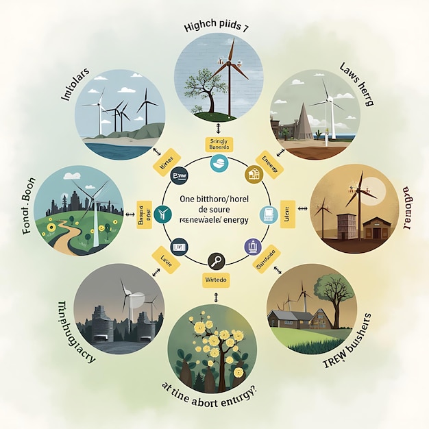 Photo a circle of different parts of a wind farm