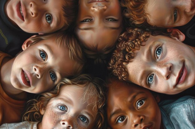 Photo circle of diverse children looking up