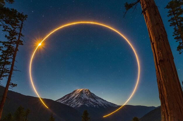 Photo a circle of firework is illuminated by a crescent moon