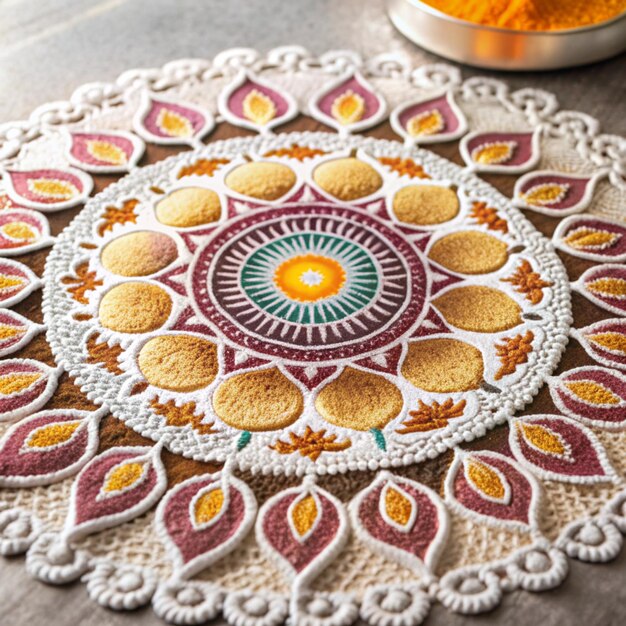 Photo a circle of flowers is on a table next to a bowl of oranges