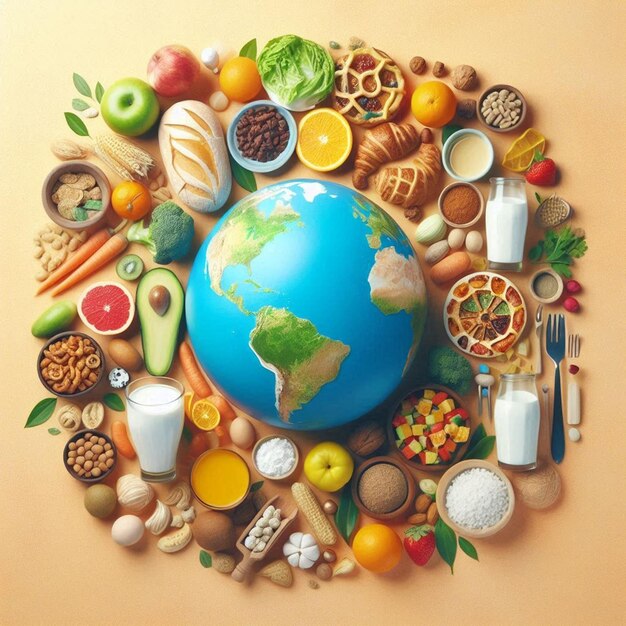 a circle of food and the earth with many different fruits and vegetables around it