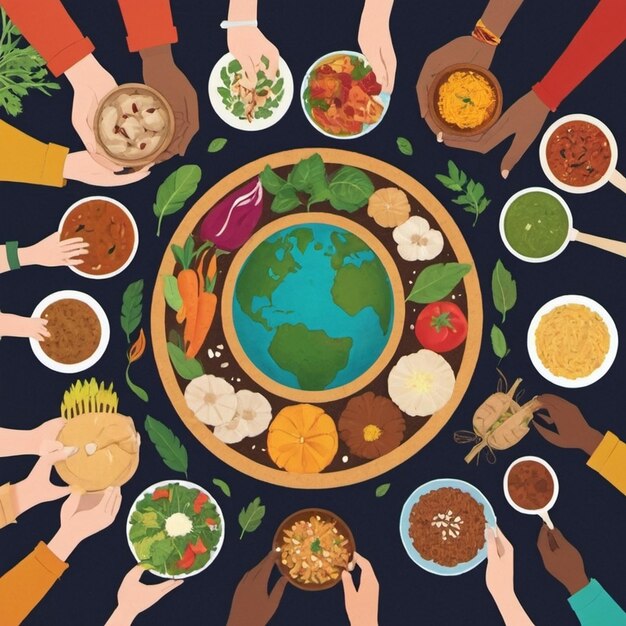 Photo a circle of food with people around it and the earth on the bottom