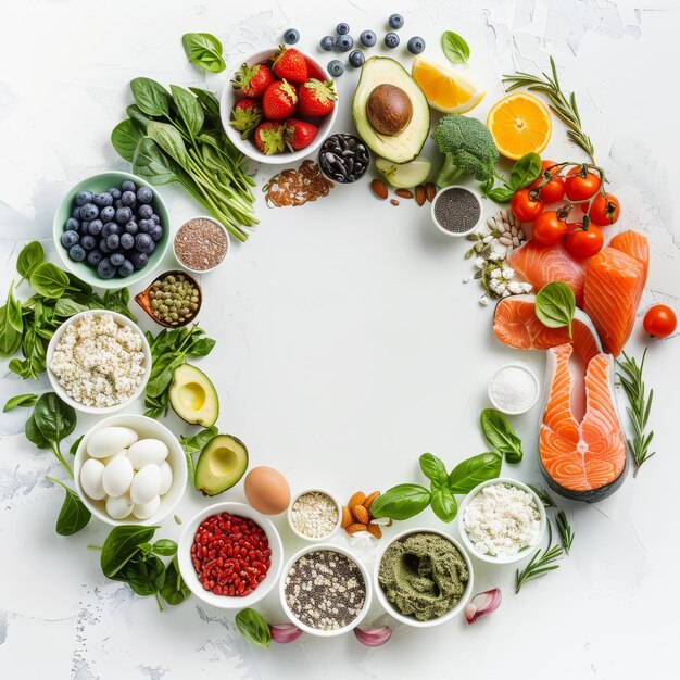 Photo a circle of food with a picture of a circle of fruits and vegetables