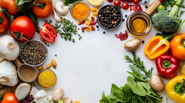 a circle of food with various ingredients including spices and herbs