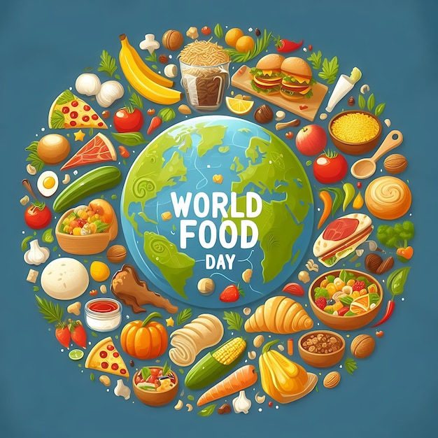 a circle of food with a world map around it