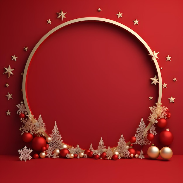 Circle frame Christmas greeting template for social media with red background gold Xmas decorations