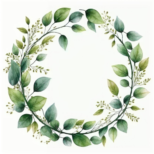 Circle frame of green leaves with watercolor painting