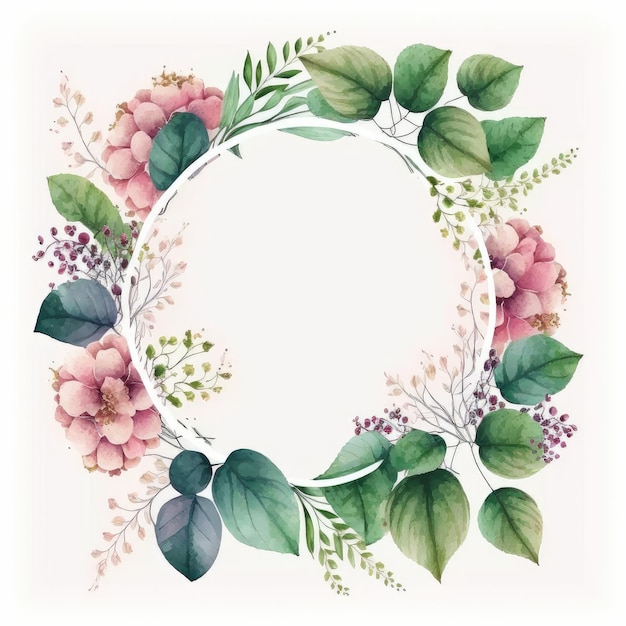 Circle frame of pink flower and green leaves with leave watercolor painting