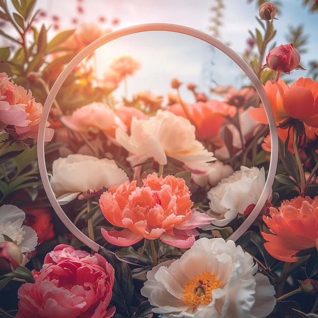 A circle frame with a beautiful bouquet of pink and white peonies in full bloom with a blurred background