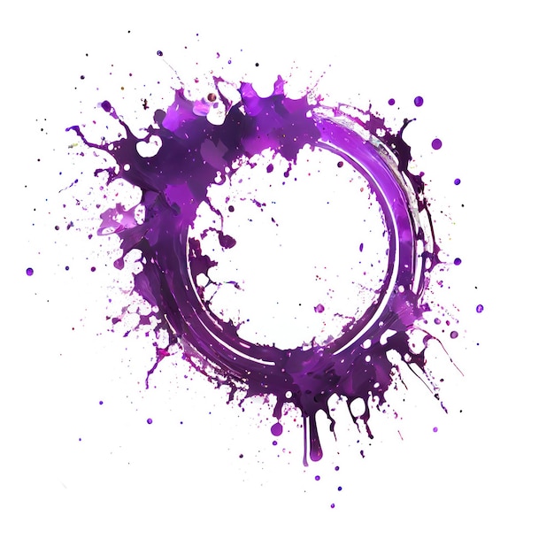 A circle frame with purple paint splashes on white background