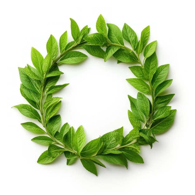 Photo circle of fresh green herbal leaves on a white background flat lay