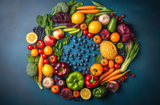 A circle of fruits and vegetables on a blue background.