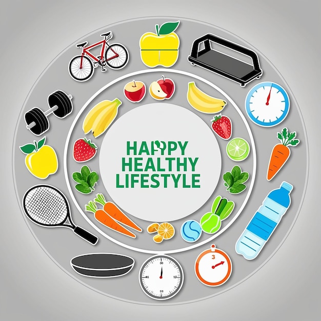 Photo a circle of fruits and vegetables with the words happy healthy life on it