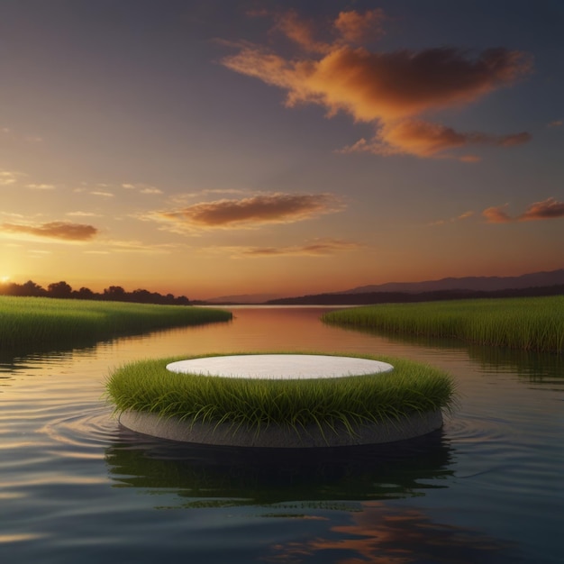 a circle of grass is floating in the water with a sunset in the background