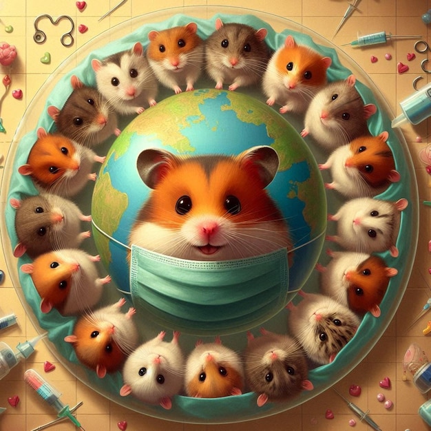 Photo a circle of hamsters with a globe on the bottom