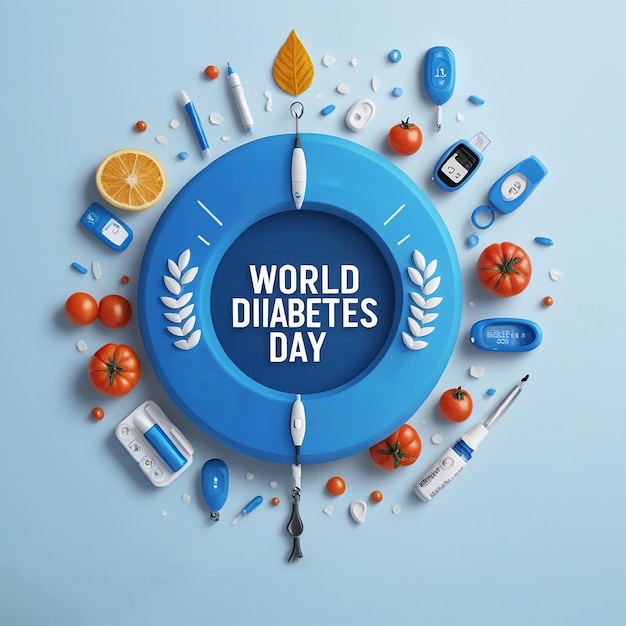 Photo a circle of health care day with a blue background with the words world diabetes day